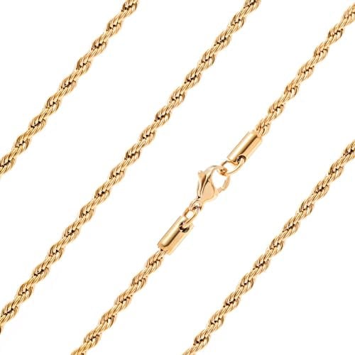 Ardú Mens Gold Rope Chain - 20 inch, 3mm Stainless Steel Gold Plated | Waterproof & Tarnish Resistant | Heavy Jewellery for Men