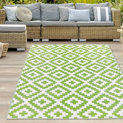 Teppich-Traum Outdoor Teppich Außenteppich Camping Garten wetterfest Kunststoff wasserfest strapazierfähig pflegeleicht Picknick große Rauten grün-weiß 120 x 170 cm