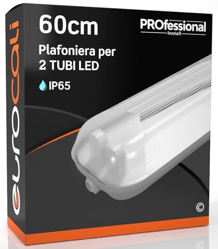 Eurocali Plafoniera 60 cm per 2 Tubi LED (Non Inclusi) Impermeabile IP65 in ABS/PS - Copertura Trasparente - Colore Grigio - Sostituzione Neon