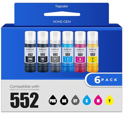 Topcolor 552 Tintenflaschen 6 Stück ET-8550 ET-8500 Ersatz für 552 Tintennachfüllflasche Arbeit für Photo ET 8550 ET8550 Photo ET 8500 ET8500 8550 8500 Drucker (BK PB C M Y GY)