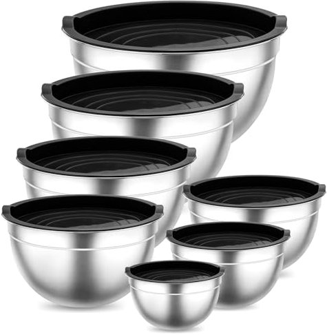 Onader Rührschüssel Set, Edelstahl Schüssel Salatschüssel 7er Set mit Luftdichtem Deckel, Stapelbar & Spülmaschinenfest, 6,5L /4,5L /3L /2,5L /1,5L /1,2L /0,7L - Schwarz