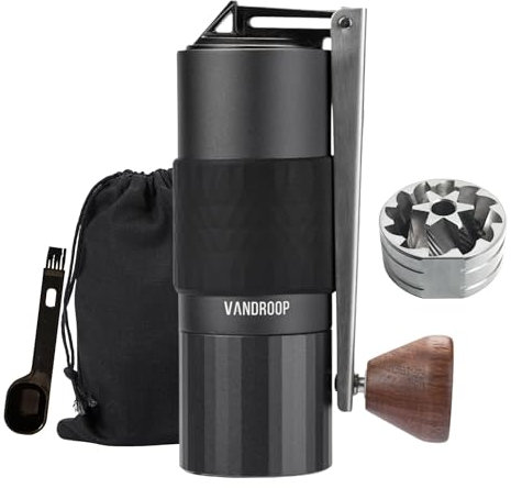 Vandroop Kaffeemühle manuell Aluminiumschale, Handkaffeemühle mit präziser Mahlgradeinstellung, Espressomühle mit konischem Mahlwerk aus Edelstahl, für Camping, Bohnenbehälter 26g