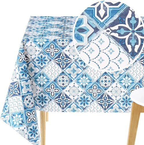 KP Home - Tovaglia in PVC facile da pulire, 140x140 cm | 55x55 pollici - Tovaglia lavabile fino a 4 posti - Tela cerata in vinile impermeabile - Stampa di piastrelle azulejo blu navy di Lisbona e