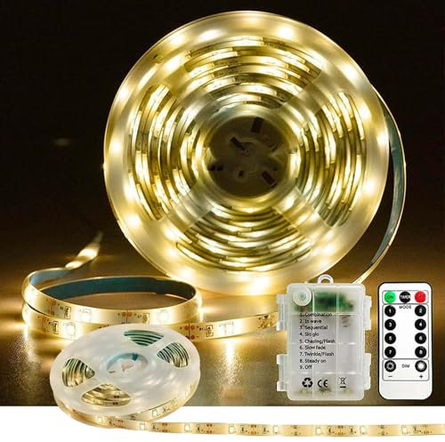 300CM LED Strip Batteriebetrieben,8 Modi Selbstklebend Lichtleisten mit Fernbedienung Timer,Dimmbar LED Streifen Warmweiß,Flexibler Schneidbar,für Innen Aussen Schlafzimmer Küche DIY Beleuchtung Deko