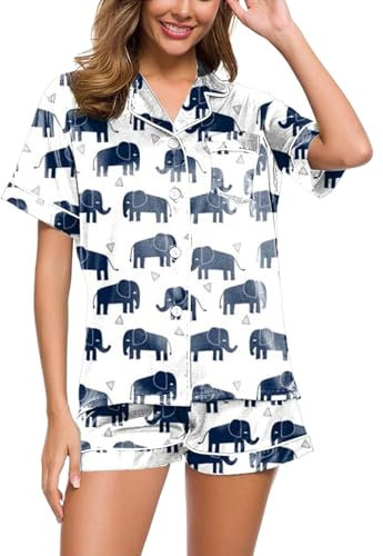 Roller Rabbit Pyjama Damen, Damen Schlafanzug mit Knopfleiste Kurzarm Revers Nachtwäsche Pyjamas Set Zweiteiliger Nachtwäsche Hausanzug Sleepwear Freizeitanzug Lounge Set Roller Rabbit Pyjama Preppy