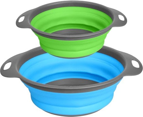 Acooruiteng Colander Round Strainer Silicone Collapsible Colander Colanders with Handle Set of 2 Drain Basket Collander Collinder Colinder Perfect for Draining Pasta Vegetable Fruits Blue + Green