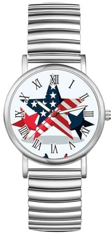 JewelryWe Damenuhr Elastische Uhr Silber: Damen US Amerikanische Flagge Sterne Pentagramm Analog Quarz Armbanduhr Frauen ultradünne Lässige Uhr mit Edelstahl Zugband und römischen Ziffern Zifferblatt