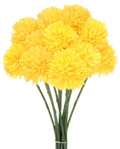 M METERXITY 12er-Pack künstliche Chrysanthemenball-Blumen, 11 Zoll Faux-Hortensien-Seidensträuße Real Touch Faux-Blumen für Zuhause/Hochzeit/Weihnachten [Gelb]