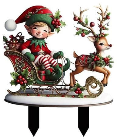 CocMouse Weihnachtsdekoration für den Außenbereich, Weihnachtspfähle, Hofschilder, Weihnachtsgartenpfahl, niedlicher Elfen-Rentier-Schlitten-Bodeneinsatz, Outdoor-Dekoration für den Hof (mehrfarbig,