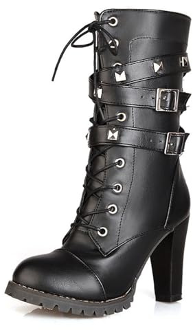 XHLZAAUE Damen Schnürstiefeletten Mode Absatzschuhe Runder Zehen Springerstiefel mit Reißverschluss und Schnallenriemen