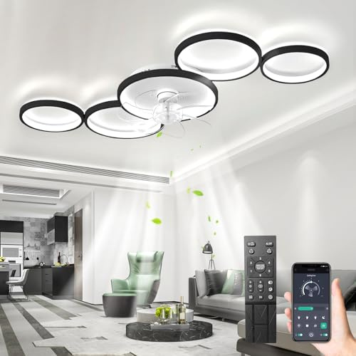 LED Deckenventilator Mit Beleuchtung 57W Deckenlampe Mit Ventilator Und Fernbedienung APP,Leise 3 Farbtemperatur 6 Geschwindigkeiten Lampe Mit Ventilator Für Schlafzimmer,Wohnzimmer (Schwarz, 5 Ringe)
