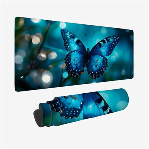 Grand Tapis de Souris Papillon Tapis de Souris Gamer Imperméable,sous Main Bureau Bleu Tapis Souris XXL 1600x800x3mm,Antidérapant Tapis de Souris Gaming avec Bords Surpiqués,Accessoire Gaming Q1-514