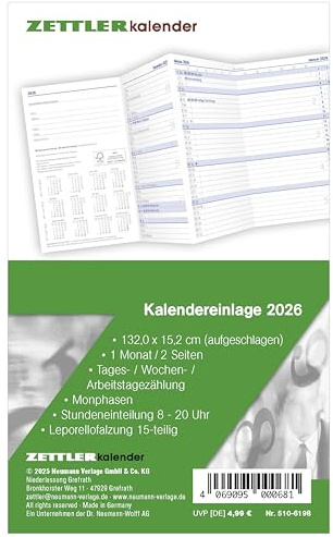 Zettler Kalenderersatzeinlage TP 1M/2S Leporello 2026 – Ersatzkalendarium 9 × 15 cm für Taschenplaner Typ 510, 1 Monat auf 2 Seiten, 15-teilige Leporellofalzung, Feiertage, Arbeitstage, FSC