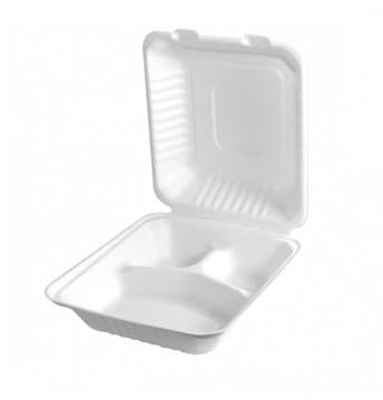 D-Work Lunch Box Menüboxen mit 3 Fächern aus Bagasse – Packung mit 200 – 229 x 229 x 44,8 mm – Dicke 44,8 mm – glatte Verzahnung – biologisch abbaubar und kompostierbar weiß natur
