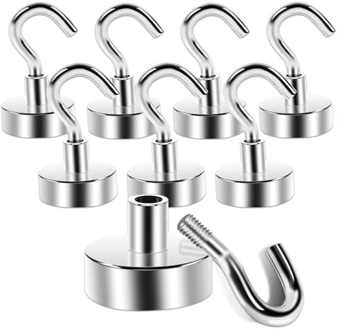 Anelueeoo 8 Stück Magnethaken Klein, Extra Stark 20mm Magnet Haken Neodym Magnete mit Haken, Magnetische für Küchen Camping Grill Büro Outdoor und Kreuzfahrt Zubehör Silber