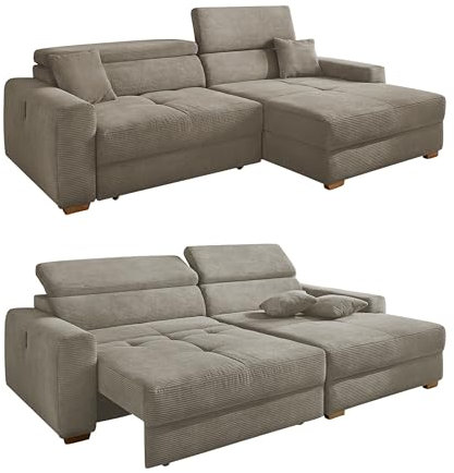 Ecksofa 277x187 cm mit elektrischer Sitztiefenverstellung, 60 cm ausfahrbar, Kopflehnen höhenverstellbar, USB-A und USB-C Ladefunktion, Ottomane beidseitig montierbar, Cord Braun Taupe / 15401