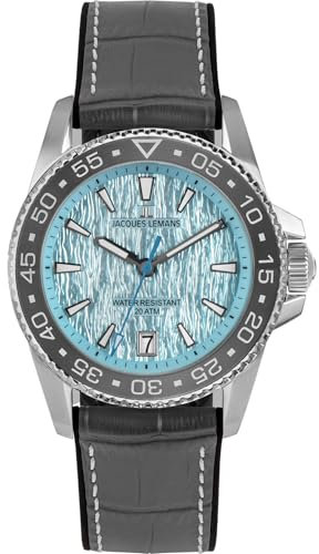 JACQUES LEMANS 1-2205F Herrenuhr Liverpool Diver Silikonband mit Leder Oberfläche 41 MM Datum 20 ATM