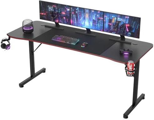 JUMMICO Tavolo da gioco grande, scrivania da gioco, scrivania per computer, postazione di lavoro, portabicchieri, 180 x 60 cm, nero