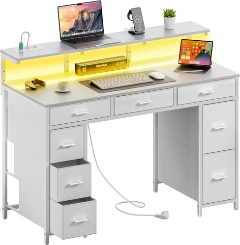 HLFURNIEU LED Bureau avec 8 Tiroirs en Tissu, 120 × 50 cm Bureau Gaming avec Rangement, Prise Intégrée & Ports USB, Table Ordinateur Support Ecran, pour Étudier, Travailler et Jouer, Table Gamer Blanc