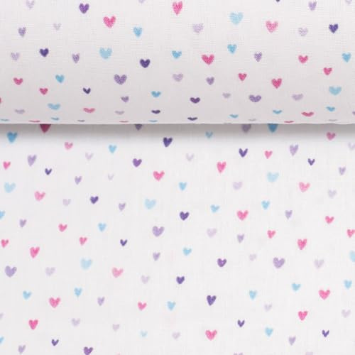 Baumwollstoff Kinder Motive Meterware – 100 % Baumwolle – 147 cm breit – Öko-Tex Standard 100 – ideal für Schultüten, Kinderkleidung, Kissen, Deko – ab 50 cm (Herzen, weiß)