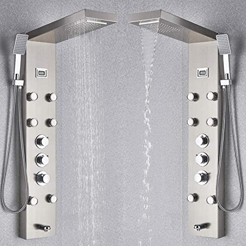 Thermostatic Mixer Shower Panel Rainfall Waterfall Massage Jets Shower Column Shower Faucet Shower Set-Black-Brushed_Nickle