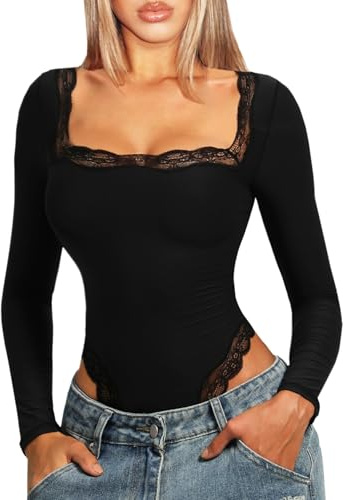 Navneet Women Black Bodysuit Sexy Lace Bodysuit Square Neck Long Sleeve Bodysuits Going Out Tops Clubbing Outfits