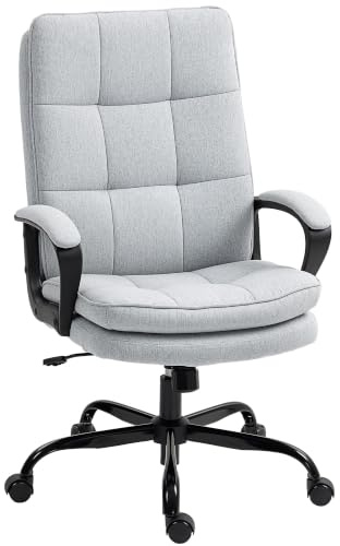 HOMCOM Executive Office Chair Silent Swivel Wheels Armrest Light Grey | Fabric Computer Desk Chair, Dual-Layer Padding, High Back, Height Adjustable, Rock Function, for Home