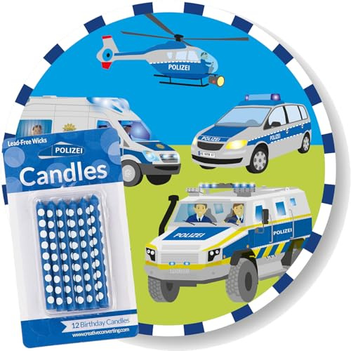 Tortenaufleger + 12 Kuchenkerzen * POLIZEI * als Kuchendeko zum Kindergeburtstag | Ø20cm-Aufleger aus Esspapier | Kinder Geburtstag Party Deko Kerzen Tortendeko, Stil: Polizei