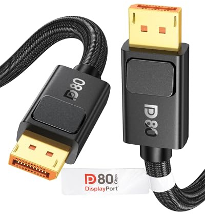 Silkland 80Gbps Câble DisplayPort 2.1 4K@540Hz 8K@240Hz, DP vers DP 1,5M | Certifié VESA DP80, Tressé, HDR, FreeSync G-Sync, Verrouillage, Câble DP 2.1 pour Moniteur, Gaming-PC et Carte Graphique