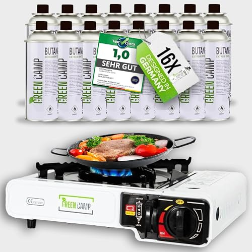 Green Camp ® Gaskocher mit 16 Kartuschen 227 g - Campingkocher mit Gaskartuschen mit Piezozündung - GaskocherCamping