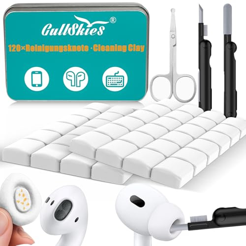 GullSkies airpod cleaning kit, 120 PCS Cleaning Putty with 3-in-1 Cleaning Pen, Round-Tip Scissors and Storage Tin, Phone Cleaning Kit for AirPods, Phones, Cameras and Laptop
