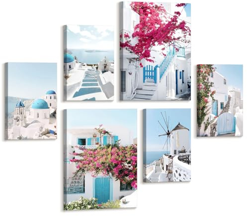 FajerminArt 6 Sets Moderne Griechische Insel Leinwand Bilder mit rahmen, Blaues Santorini Ägäisches Meer Wandbilder Wanddeko Glockenturm Rosa Blume Bild Auf Leinwand Deko für Wohnzimmer Schlafzimmer
