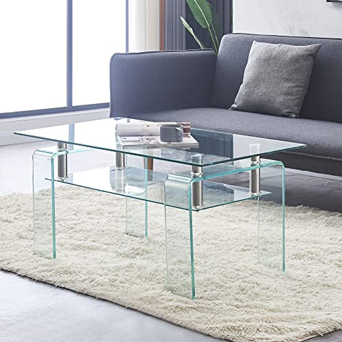 FENGHUA GLASS HOME Couchtisch aus Gehärtetem Glas mit Glasbeinen, Moderner Kleiner Couchtisch für Wohnzimmer, 2-Stufiges Design, Klar