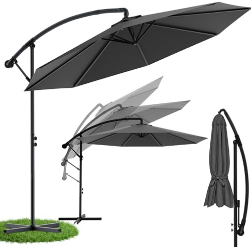 Ferghana Alu Sonnenschirm 350cm,Ampelschirm mit Kurbel,Ständer，UV-Schutz,Wasserdicht，Windschutz,360° drehbar Gartenschirm,Marktschirm,Kurbelschirm für Terrasse,Pool,Garten,Balkon，Dunkelgrau
