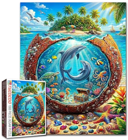 1000-teiliges Puzzle für Erwachsene, buntes Delfin, Ozean, Welt-Puzzle, tropische Insel-Szene, Unterwasser, Meeresleben, Kunstwerk, Landschaft, entspannendes Puzzle, herausfordernd, lustiges