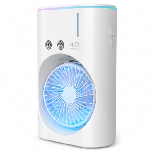 Ventilador de Mesa Portátil 5W, Ventilador Recargable con Humidificador, Depósito de Agua 350 ml, 3 Velocidades, Luz LED, Ajuste Multiángulo 90°, Bajo Ruido, Asa de Transporte, USB Tipo (Blanco 5W)