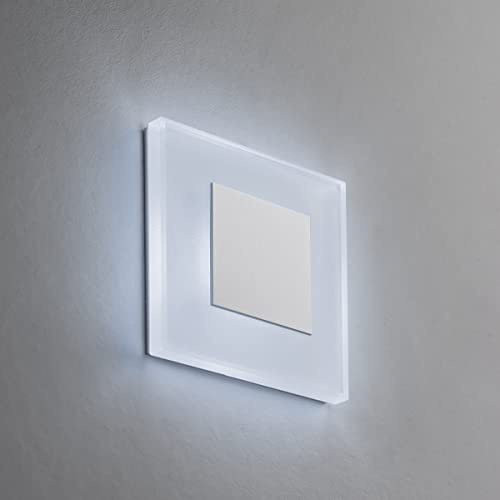 LED Treppenbeleuchtung Premium SunLED Small 230V 1W Echtes Glas Wandleuchten Treppenlicht mit Unterputzdose Treppen-Stufen-Beleuchtung Wand-Einbauleuchte (ALU: Weiß; LICHT: Kaltweiß, 1 Stück)