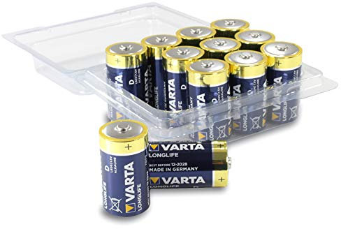 Varta Longlife Battery D Mono Alkaline Batteries LR20 – Pack of 12 in Resealable Original White – More Power + Battery Box