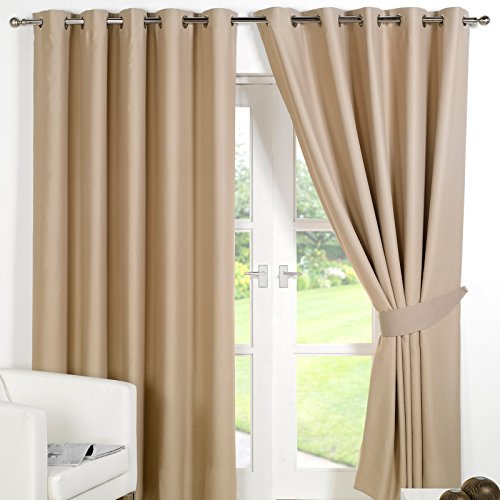Dreamscene Eyelet Blackout Curtains Set of 2 Thermal Ring Top Window Treatment Panels - Beige, Width 90 x Drop 90