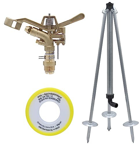 Agrarflora Impulsregner Komplettset aus Kreisregner, Dreibein Stativ mit 1 1/4 Zoll & 12m PTFE-Dichtungsband - zur Bewässerung von großen Flächen - für Gärten, Sportplätze, Felder & Gärtnereien