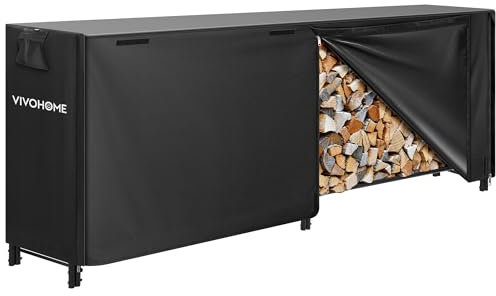 VIVOHOME Estante Almacenamiento Leña con Cubierta Impermeable y Cremallera, 244 × 35 × 122 cm Soporte de Leña Metálico para Interior y Exterior, Organizador de Troncos para Chimeneas y Jardín