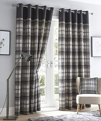 Portfolio Orleans Check Striped Fully Lined Eyelet Ring Top Curtains - Charcoal Grey 46 Wide x 72 Drop