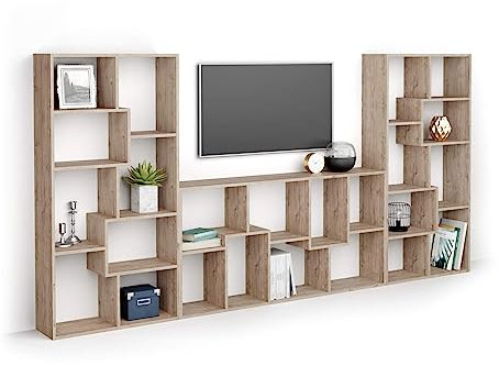 Mobili Fiver, Parete TV Iacopo, Quercia, 321 cmx28 cmx160.8 cm, Mobile Tv moderno per tv fino a 65'', Made in Italy