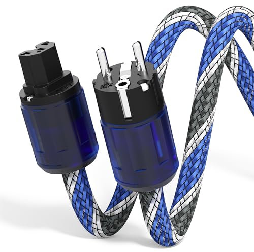 Monosaudio HiFi Netzkabel 1,5M Kupferabschirmung, 2 polig OFC Audiophil Stromkabel AC High End Kaltgerätekabel,16mm EU Schuko Stecker+IEC C15 Anschluss für DVD/Verstärker/Decoder/Subwoofer/AMP