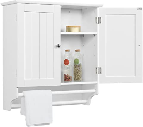 Yaheetech Badezimmerschrank Hängeschrank Wandschrank mit 2 Türen & Handtuchhalter Badschrank mit Höhenverstellbarem Einlegeboden Küchenschrank Oberschrank Weiß BHT ca: 60,5x64x22,5cm
