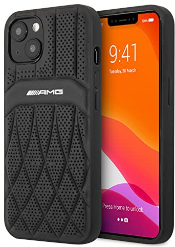 CG MOBILE AMG Echt Leder Hülle Kompatibel mit iPhone 13 mit perforiertem schwarzem Leder, geschwungene Linien, Hot Stamped mit Logo, offiziell lizenziert (Schwarz) (6,1 Zoll)