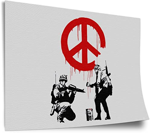 Poster aus Baumwolle Banksy - Soldaten malen Peace Symbol soldiers Peace heller Hintergrund Kunstdruck ohne Rahmen, Wandbild - A4, A3, A2, A1, A0, XXL - Wohnzimmer, Schlafzimmer, Küche, Deko