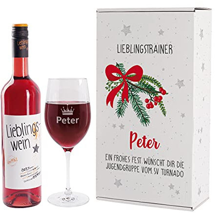 Herz & Heim® Geschenkset zu Weihnachten mit Lieblingswein und gravierten Weinglas in Geschenkbox (Weiß, 0,75)