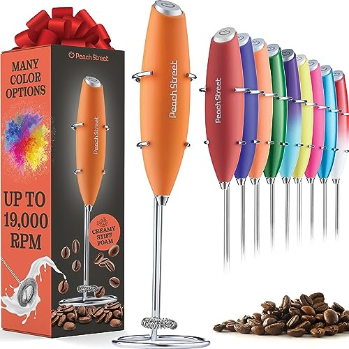 Powerful Handheld Milk Frother, Mini Milk Foamer, Battery Operated Stainless Steel Drink Mixer with Frother Stand