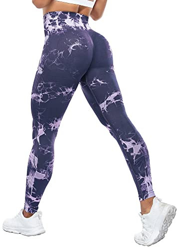 Yaavii Scrunch Butt Leggings Damen High Waist Push Up Booty Hose für Yoga Fitness Gym Workout Tie Dye Lila Blau L